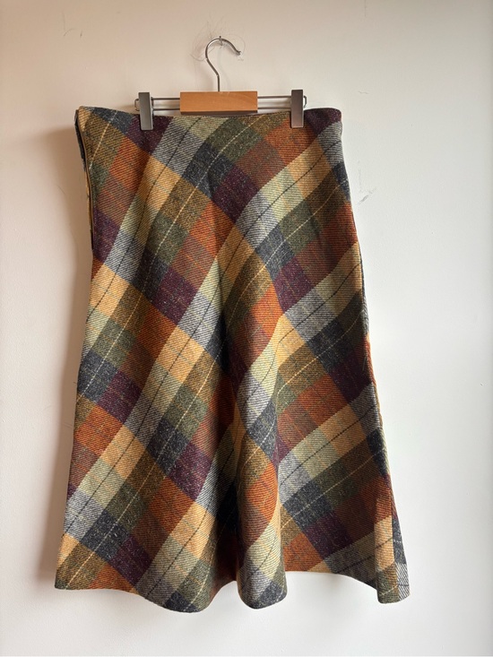 Handmade Dresses & Skirts - Handmade Plaid A-Line Midi Skirt - Brown, Orange, Green
